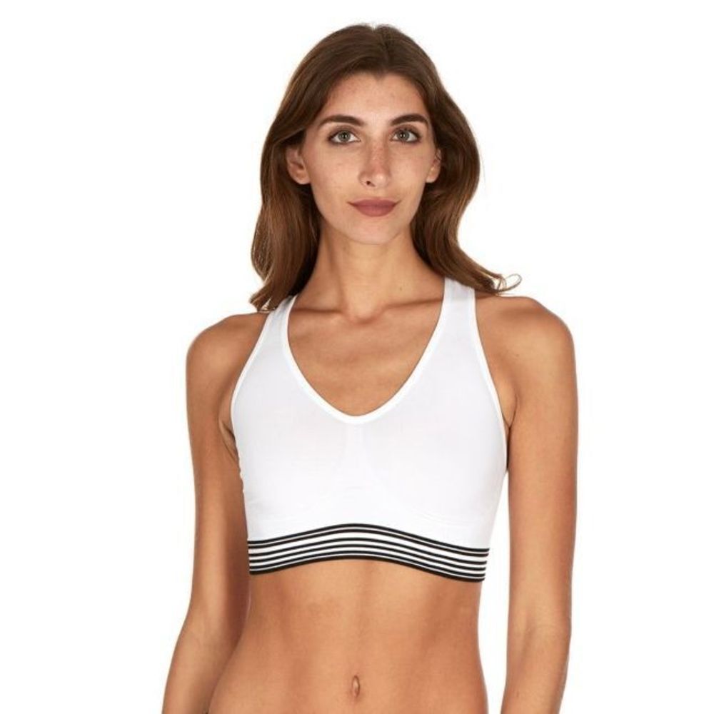 Hanes Women's White V-Neck Racerback Striped Trim Sports Bra Size Small NWOT